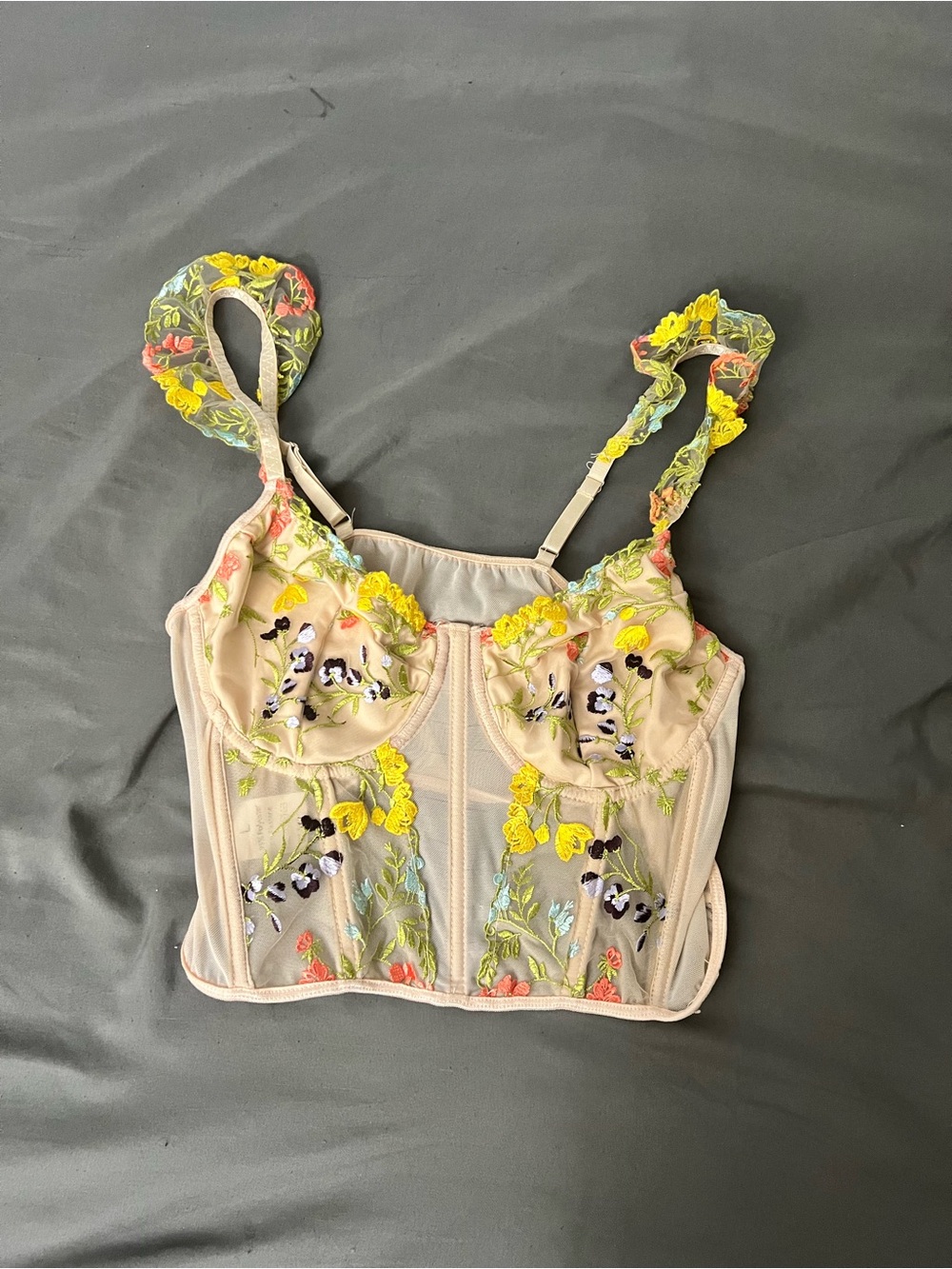 Floral Embroidered Bustier Crop Top - Beige with Yellow Accents